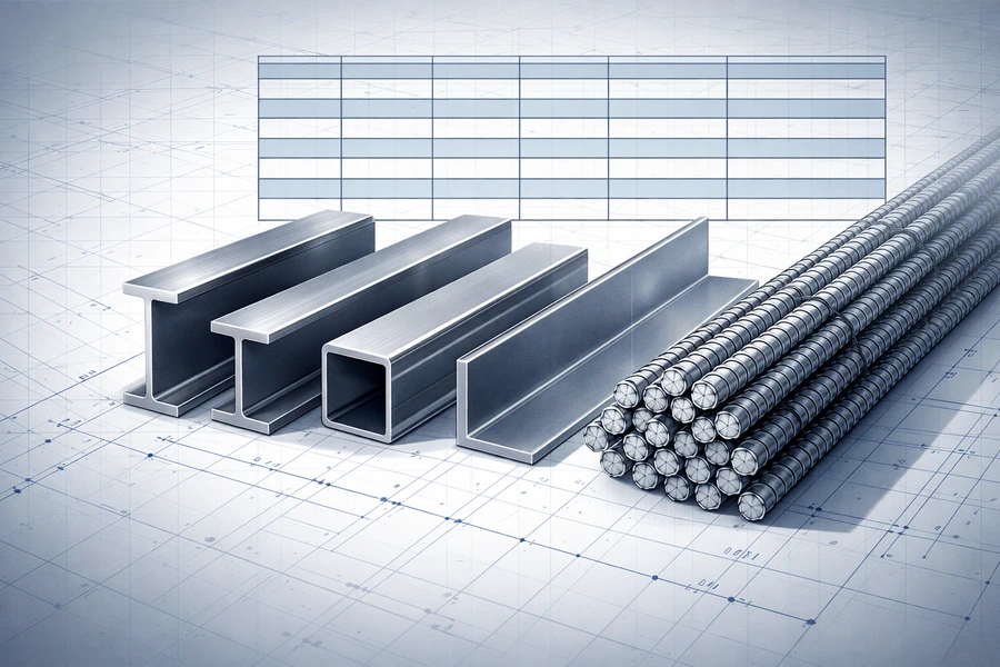 جداول وزن مقاطع فولادی شامل تیرآهن، پروفیل، نبشی و میلگرد