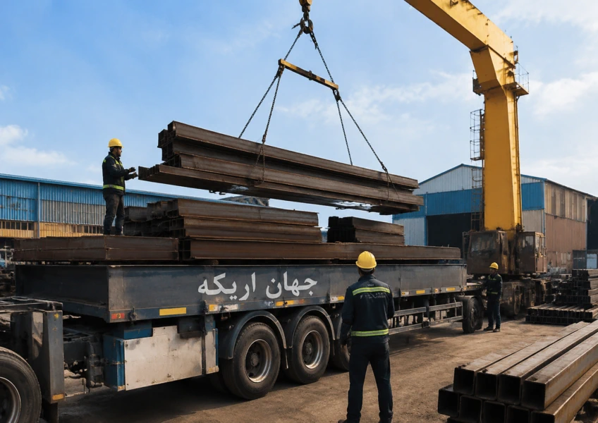 بارگیری تیرآهن با جرثقیل صنعتی در مجموعه جهان اریکه